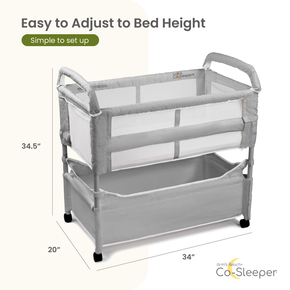 Gray Co-Sleeper with dimensions and setup instructions on a white background