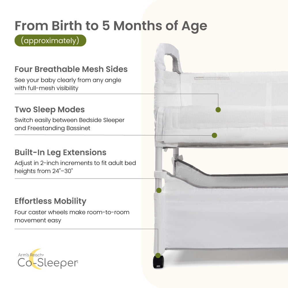 Co-sleeper with features listed on a white background