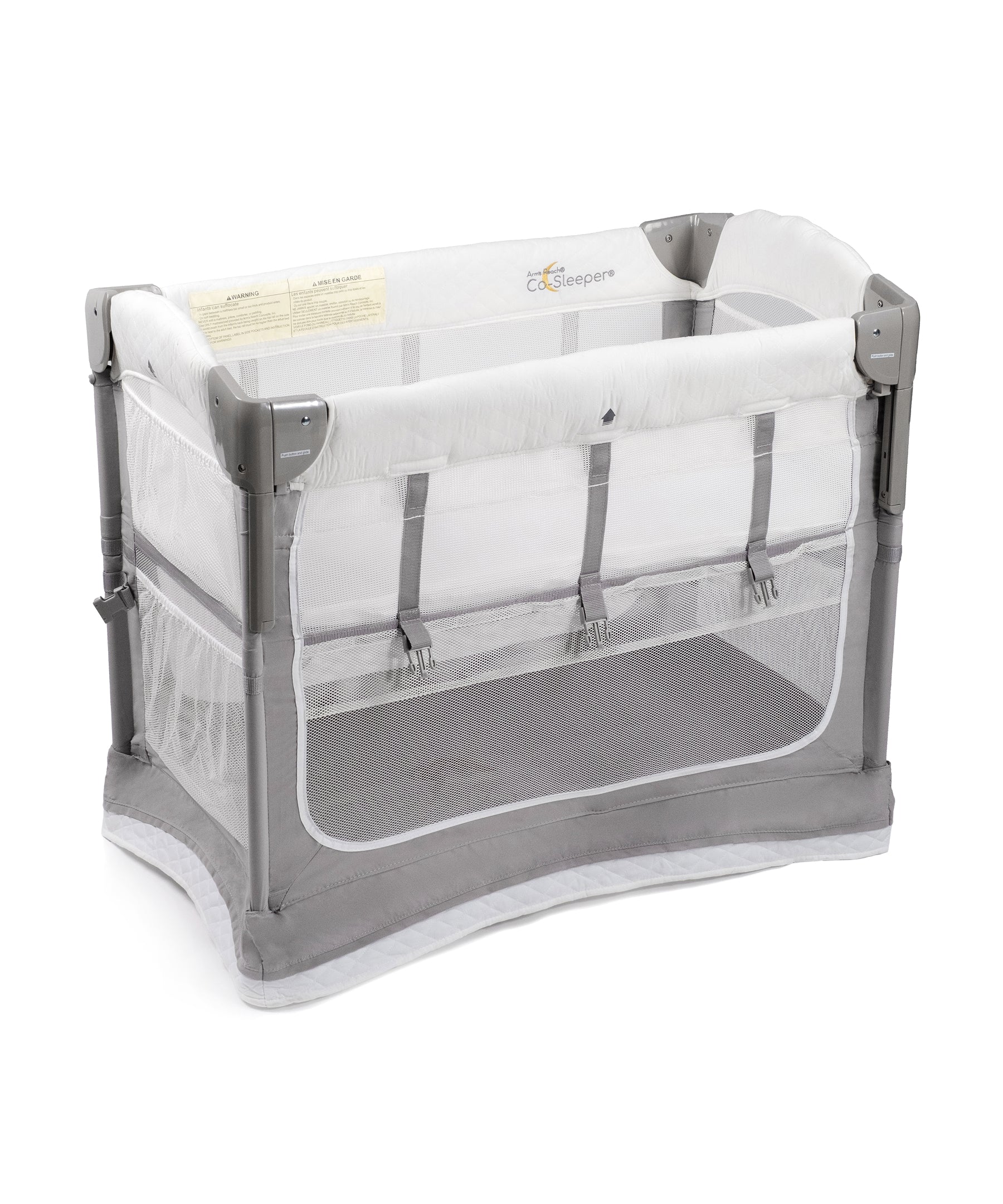 Arm's Reach Mini Ezee 3-in-1 Co-Sleeper bedside bassinet in grey and white