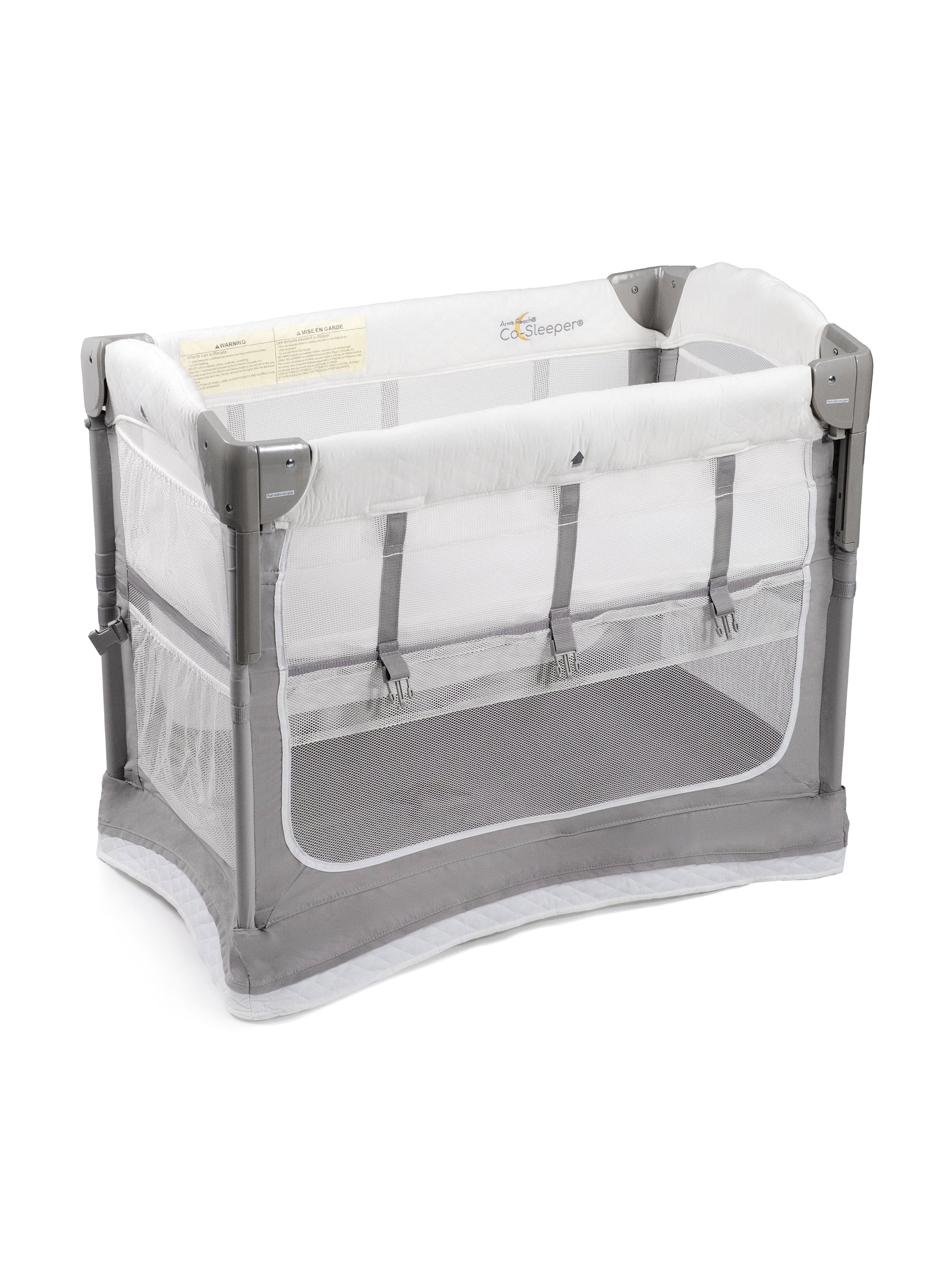 Arm's Reach Mini Ezee 3-in-1 Co-Sleeper bedside bassinet in grey and white
